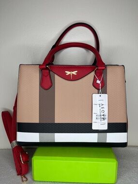 Red Trim Beige Stripe Satchel Handbag
